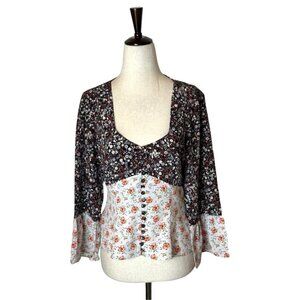 Intermix Shirt Women Small Black White Floral Silk Doryll Bell Sleeve Top‎ Boho